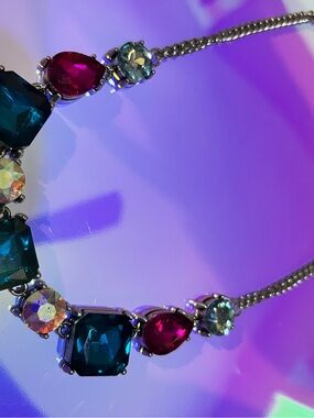 Multicolor Crystal Statement Necklace — Teal, Fuchsia & Iridescent Stones
